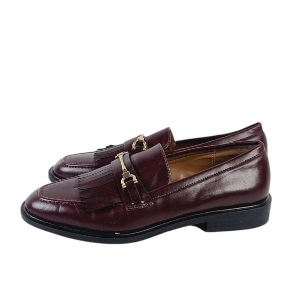 Zara Women's Burgundy Gold Fringed Leather Slip-On Dress Loafer Size 5